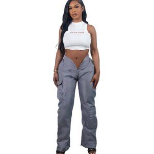 Varenne V Cut Women's Cargo Slush Pants Nylon Flared Stone Grey NWT XL
